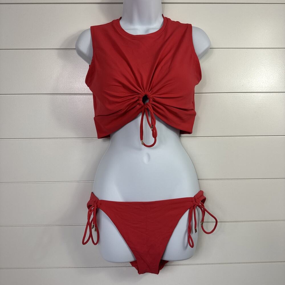 Robin Piccone Aubrey High Neck Bikini Top Side Tie Bikini Bottoms Guava sz L